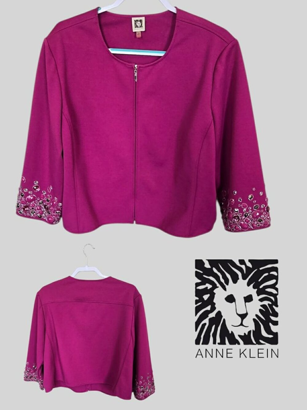 Anne Klein Fuchsia Cropped Knit Blazer Rhinestones and Crystal Jacket Womens 2X